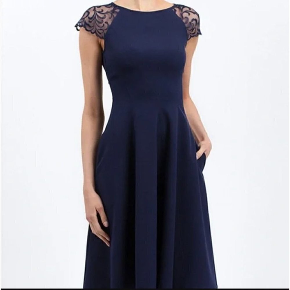 SALE NWT BGL Navy Fit Flare Lace Trim Cocktail Party Midi Dress 4/XS $700